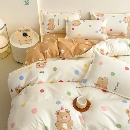 Floral puppy beige and white bear-themed decorbites cotton printed bedding set with colorful polka dots and hello text