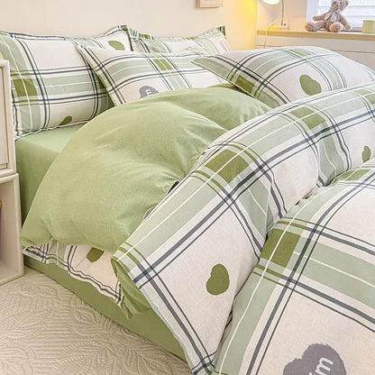 Green and white plaid cotton printed bedding set with heart-shaped accents from decorbites for bedroom decor