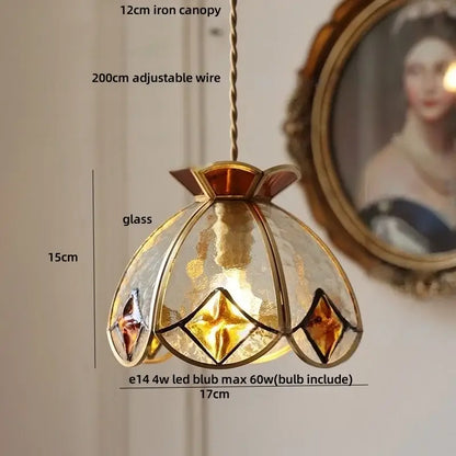 Vintage pendant lamp with amber and clear crown diamond glass panels and gold-toned trim for dining room decorbites crown diamond