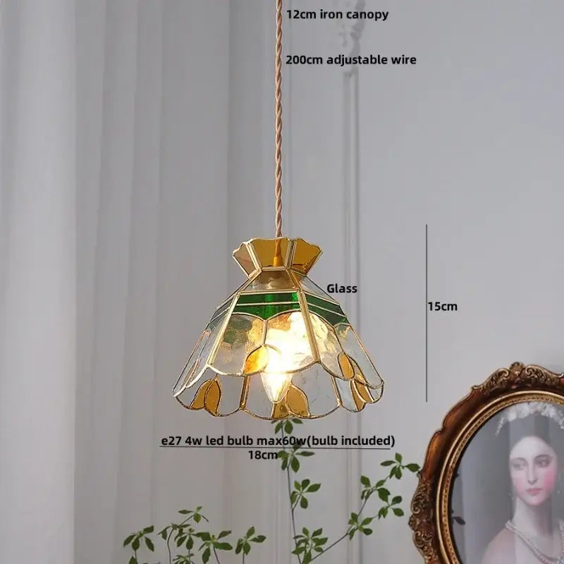 Floral red and amber glass pendant lamp with crown diamond glass stained shade and gold iron canopy decorbites crown diamond