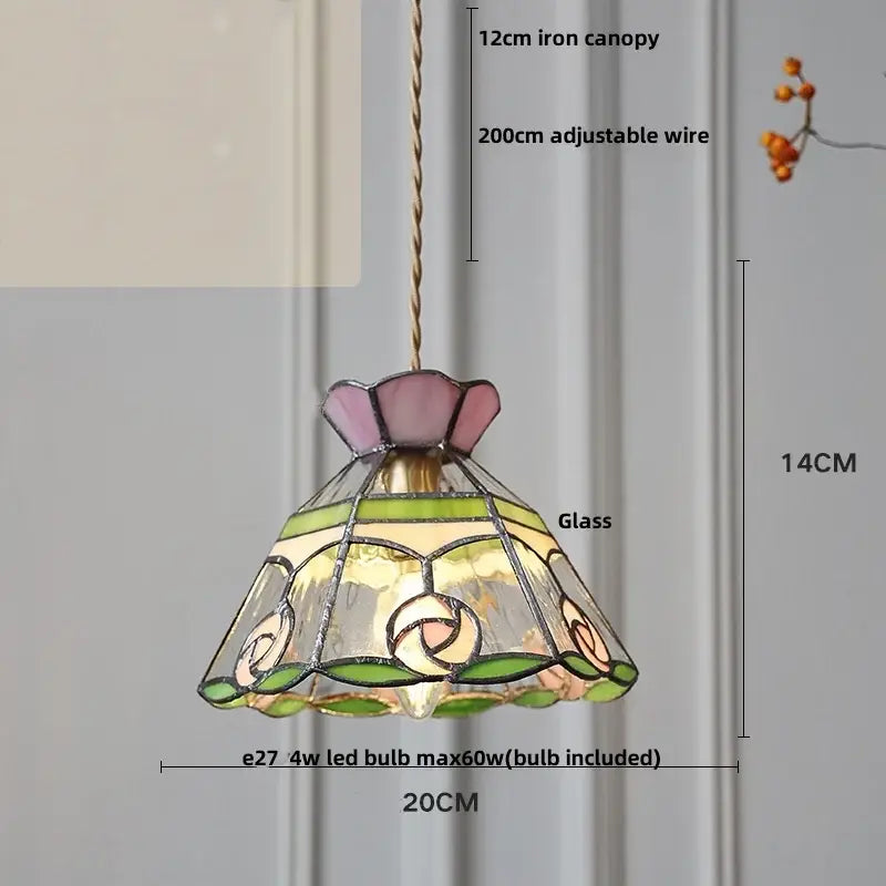 Floral red and amber glass pendant lamp with delicate pink and green tiffany-style decorbites crown diamond design