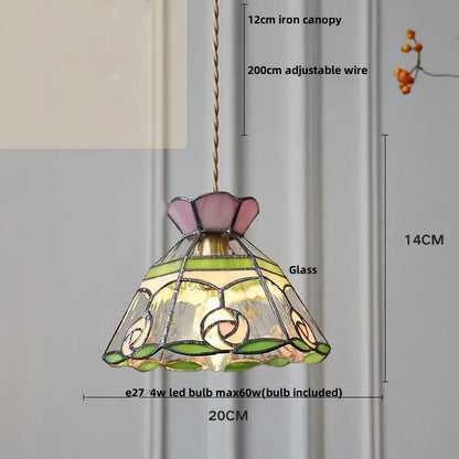 Floral red and amber glass pendant lamp with delicate pink and green tiffany-style decorbites crown diamond design