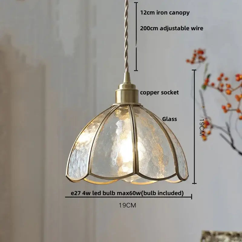 Vintage-style pendant lamp with floral red and amber hammered glass shade brass accents and adjustable copper socket decorbites crown diamond