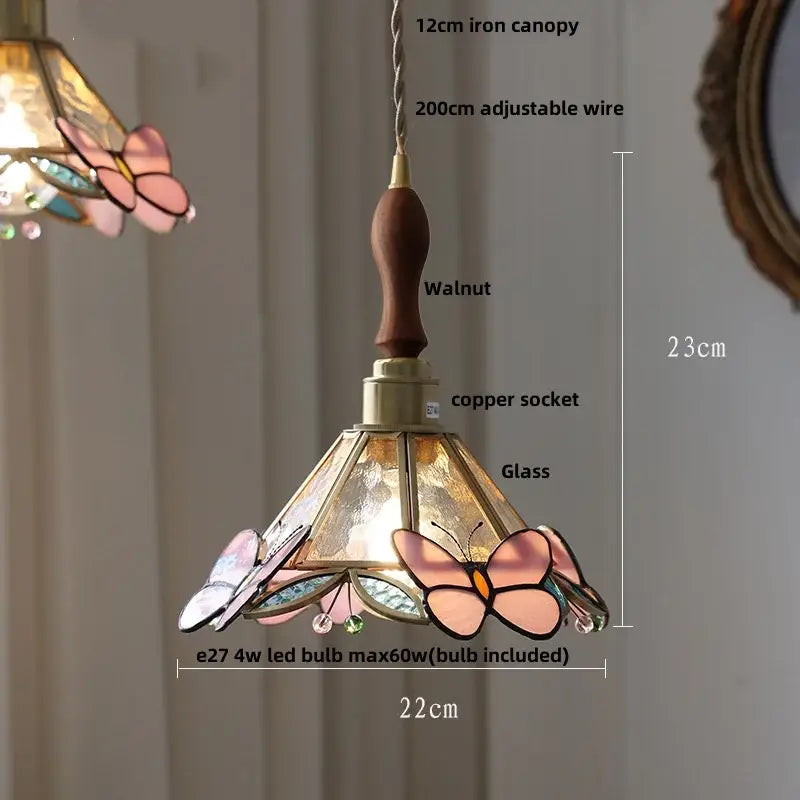 Floral red and amber glass pendant lamp with pink gold butterfly stained glass and walnut iron canopy crown diamond glass