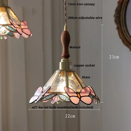 Floral red and amber glass pendant lamp with pink gold butterfly stained glass and walnut iron canopy crown diamond glass