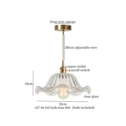Floral red glass pendant lamp with delicate clear fluted glass and brass hardware for bedroom decorbites brass glass led