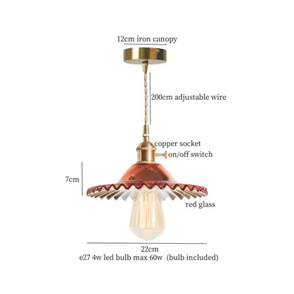 Floral red glass pendant lamp with scalloped edges brass glass led copper socket and decorbites brass glass canopy