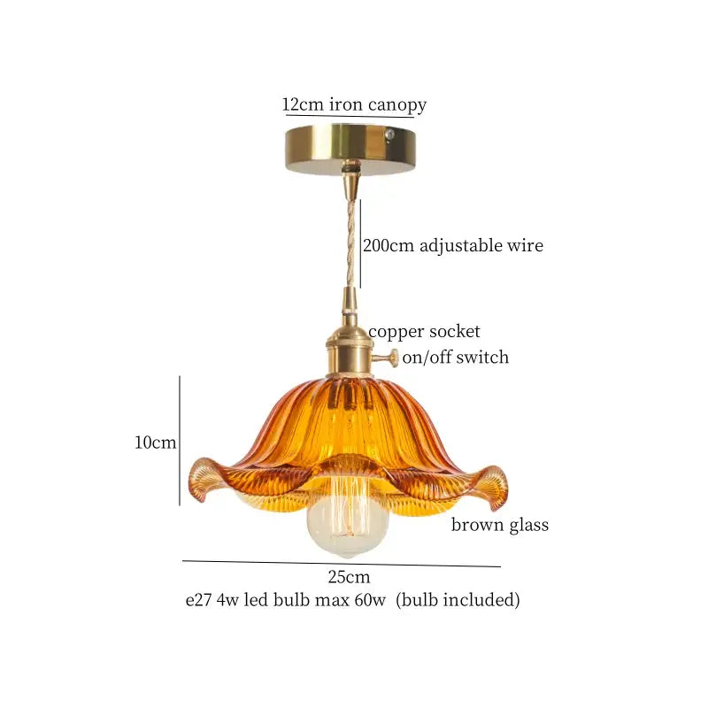 A warm amber floral red glass pendant lamp with fluted design and brass hardware by decorbites brass glass led