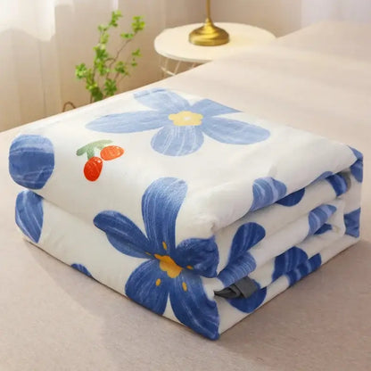 A soft white coral fleece flannel flower blanket with blue floral and red cherry accents for cozy decorbites coral fleece decor