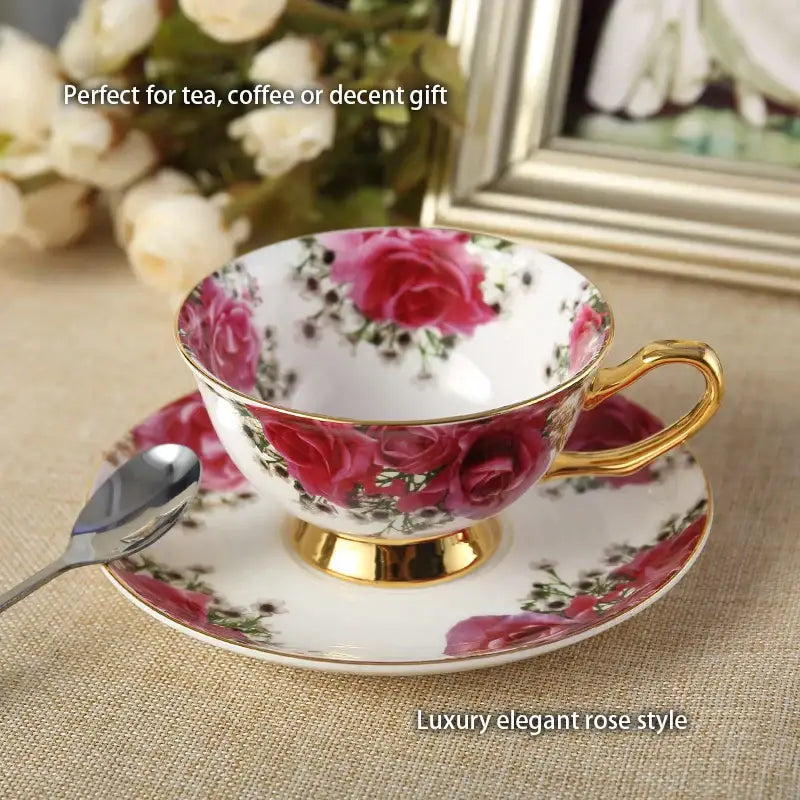 A delicate floral red rose bone china tea set with gold trim and matching golden handle and foot by decorbites bone china
