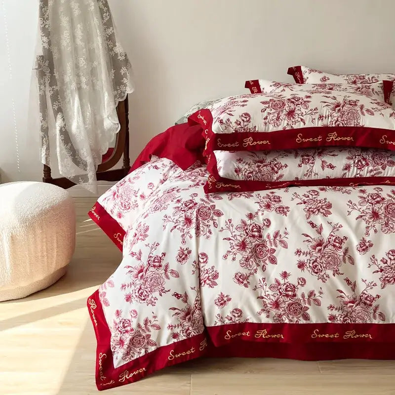 White and burgundy floral bedding sets with embroidered sweet flower trim made from decorbites cotton wide edge fabric