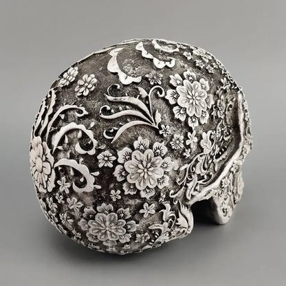 Silver 20cm carved skull figurine decorated with intricate floral and vine patterns for living room Halloween decor