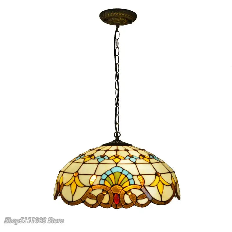 Vintage-style floral stained glass baroque tiffany pendant light with amber yellow blue red hues for dining room decorbites baroque tiffany