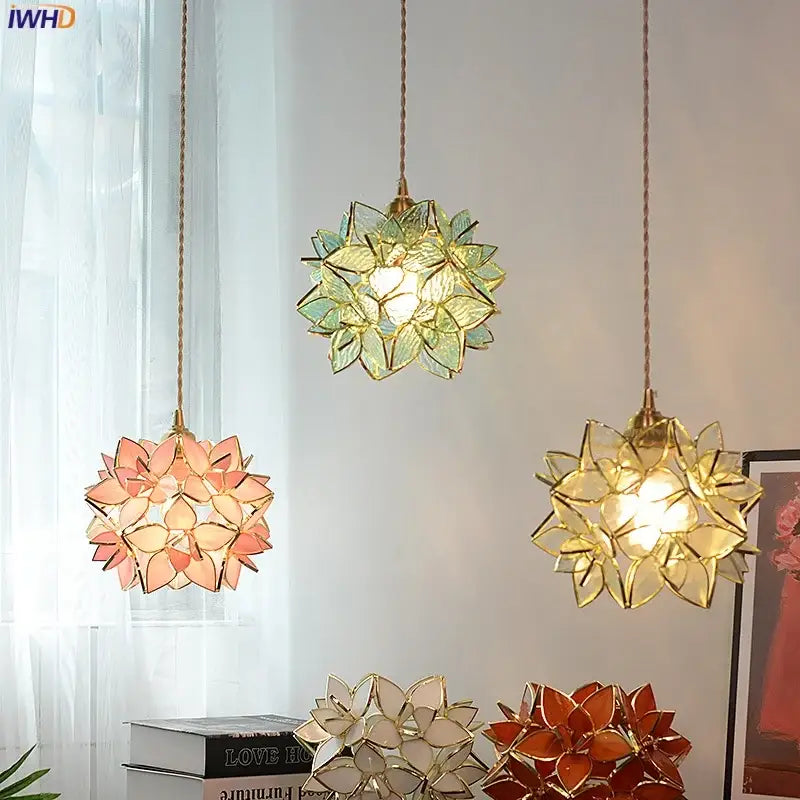 Three pendant lights floral stained glass in green pink amber with gold copper led light fixture for dining room