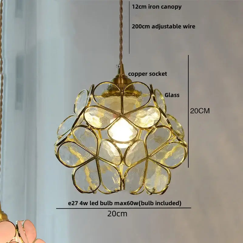 Gold-toned floral stained glass pendant light fixture with copper socket for dining room glass copper led illumination