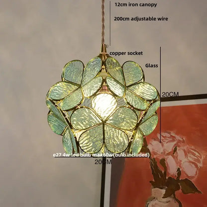 Floral stained glass pendant light with translucent green petals and copper socket glass copper led light fixture