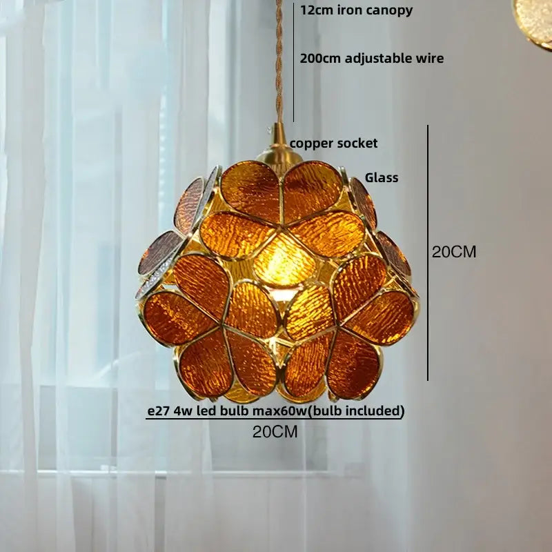 Floral stained glass pendant light with amber glass, gold metal frame, and adjustable copper socket glass copper led fixture