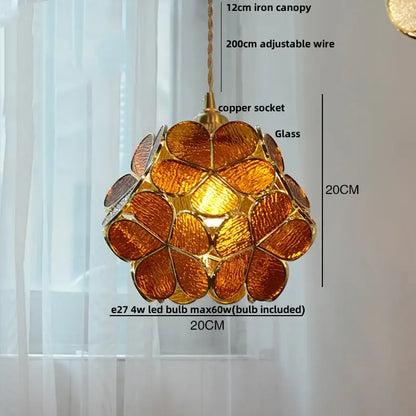 Floral stained glass pendant light with amber glass, gold metal frame, and adjustable copper socket glass copper led fixture