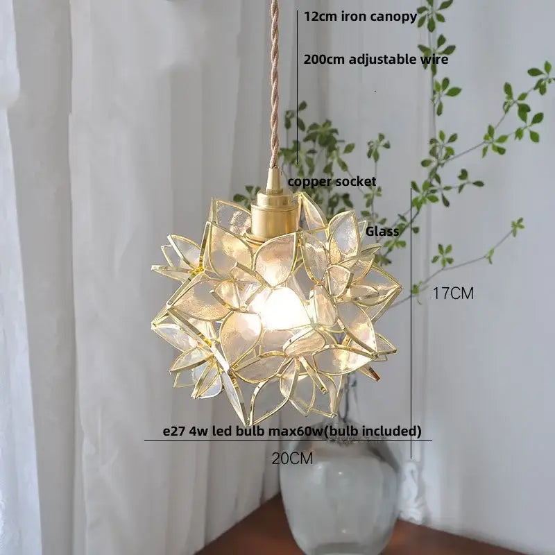 Delicate gold-toned floral stained glass pendant light fixture with glass copper led for dining room illumination