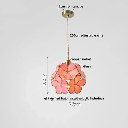 Delicate pink floral stained glass pendant light fixture with brass finish glass copper led design for dining room