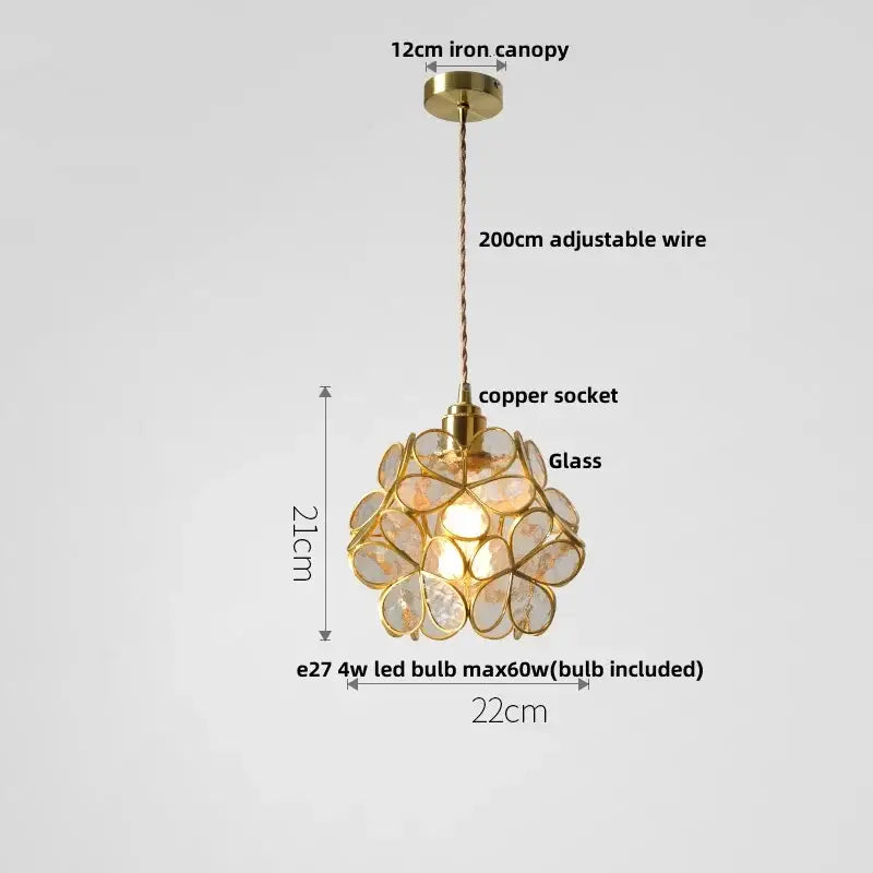 Gold-toned floral stained glass pendant light fixture with copper led frame for dining room illumination
