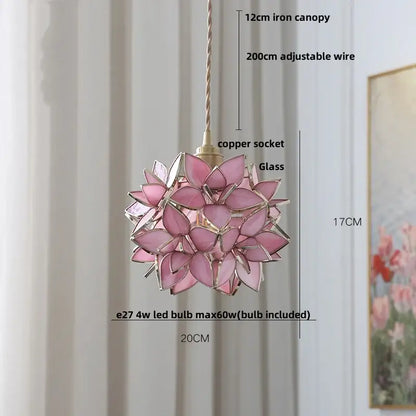 Pink glass flower pendant light fixture with copper socket and adjustable wire for dining room glass copper led lighting