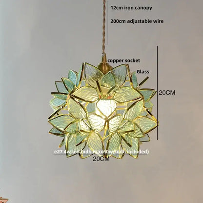 Delicate 20cm floral stained glass pendant light fixture with green and gold panels and adjustable copper socket LED design