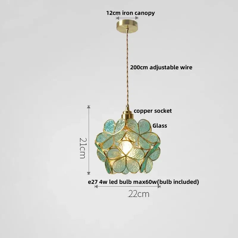 Delicate light blue floral glass pendant light fixture with brass accents glass copper led for dining room use
