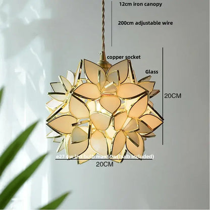 Gold-toned floral stained glass pendant light fixture with layered petals and iron canopy for dining room glass copper led lighting