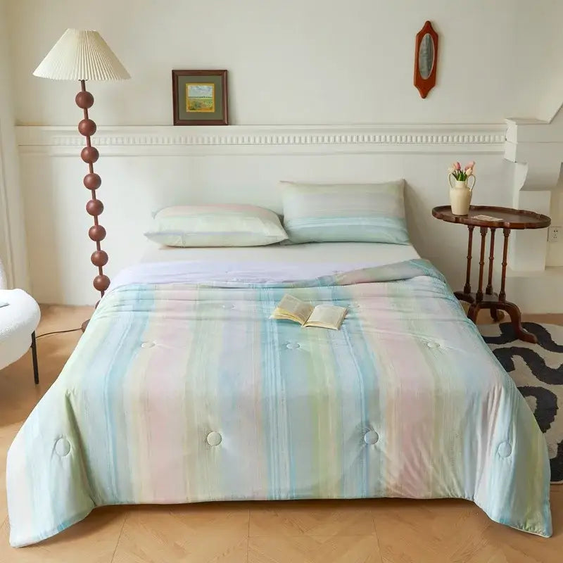 Pastel striped quilted comforter with soft button tufting in floral teal and lavender decorbites knitted cotton print summer quilt