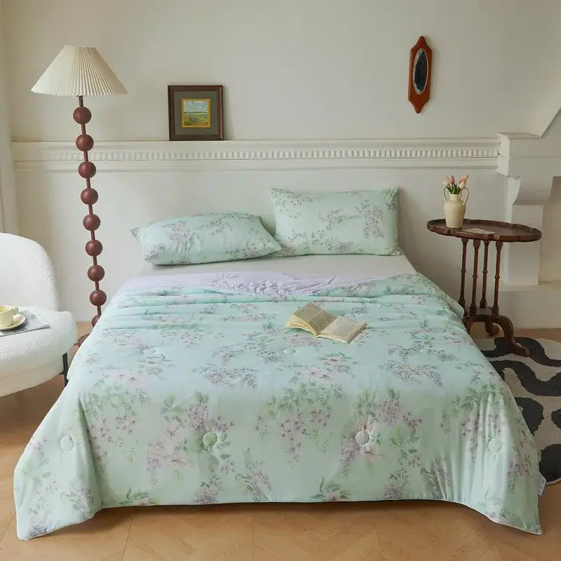 Mint green floral duvet set with delicate purple and pink blossoms on soft quilted fabric decorbites knitted cotton print summer quilt