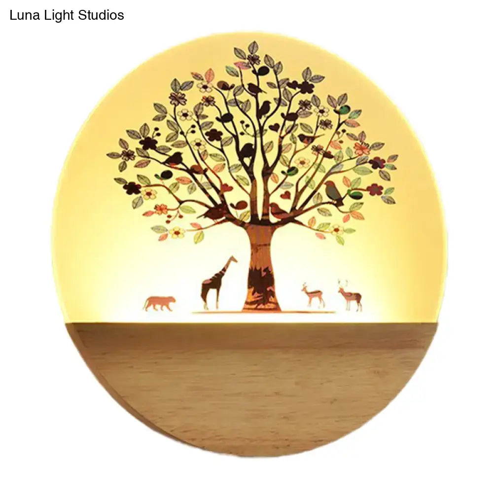 Circular wall light with warm glowing animal flowering design on acrylic shade for bedroom night light