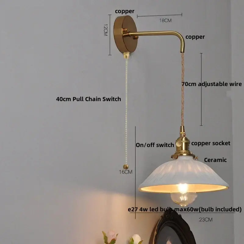 Vintage-style floral white ceramic brass led wall light with frosted shade and adjustable copper wire sconce for bedroom