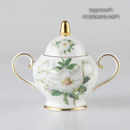 White porcelain sugar bowl with hand-painted white rose and gold trim from decorbites camellia bone china tea set