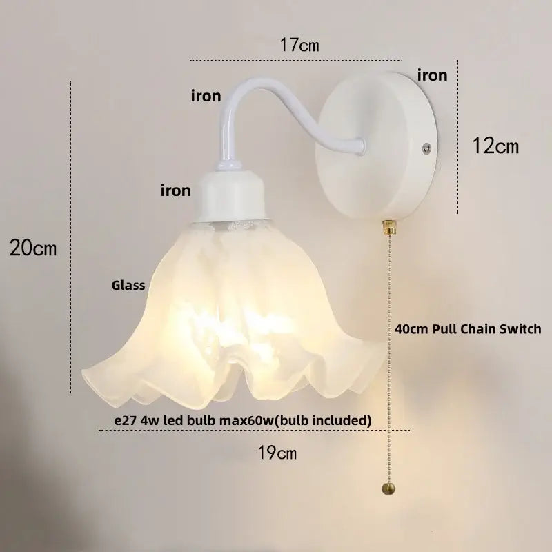 White iron wall sconce with translucent ruffled glass shade and 40cm pull chain switch decorbites glass iron led