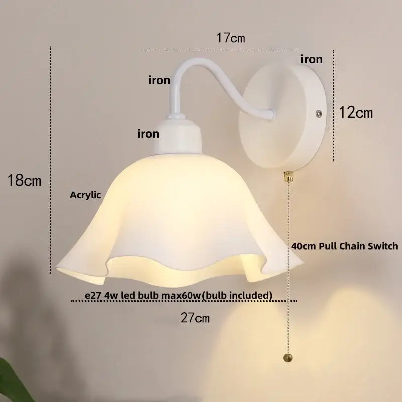 Floral white glass iron led wall sconce with white acrylic lampshade curved iron arm and 40cm pull chain switch decorbites glass iron