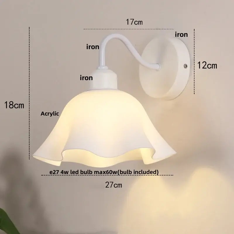 Floral white glass iron led wall sconce with white acrylic lampshade curved iron arm decorbites glass iron decor