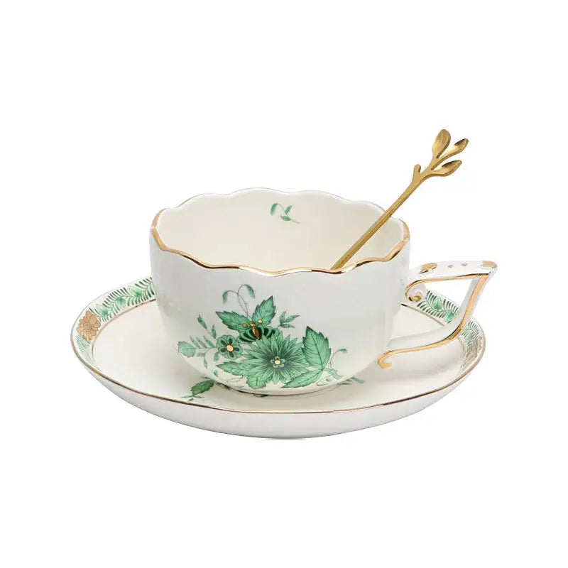 White porcelain tea cup set with green floral and bee design gold rim and handle ceramic cup set for dining room