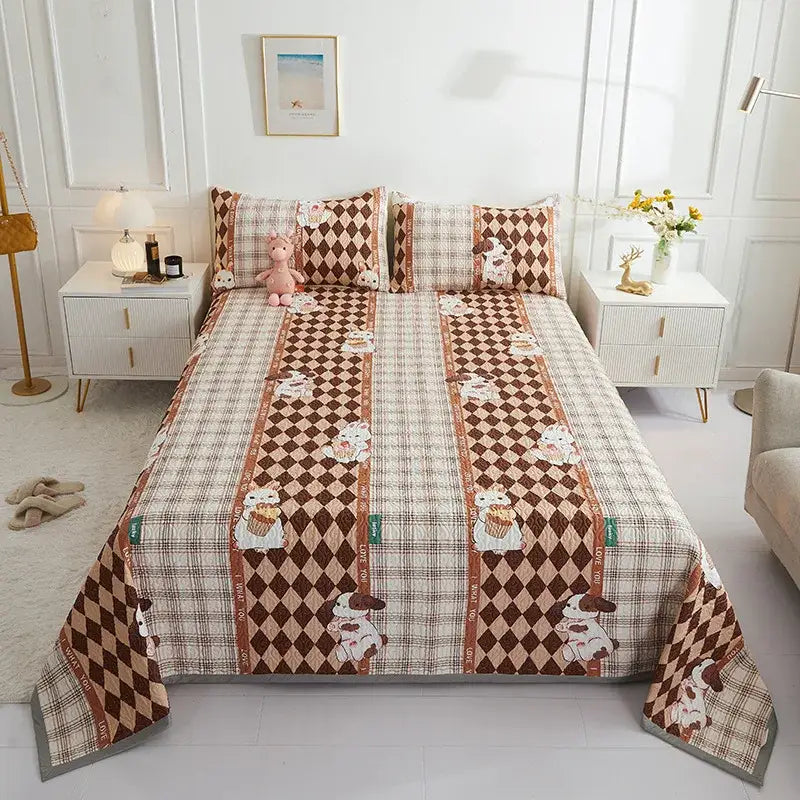 Brown and beige plaid quilted bedspread with cartoon dog patterns in decorbites cotton double bedspread set for bedroom decor