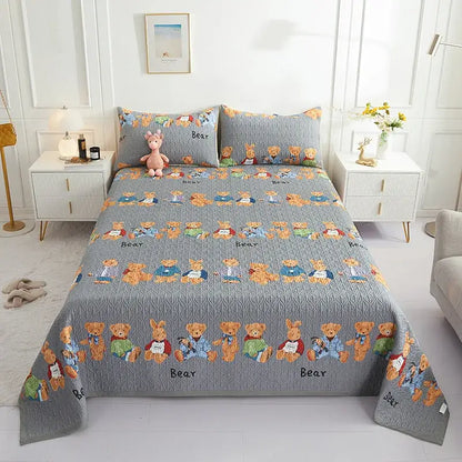 Gray quilted cotton double bedspread with cartoon bears pattern for decorbites cotton double bedspread set