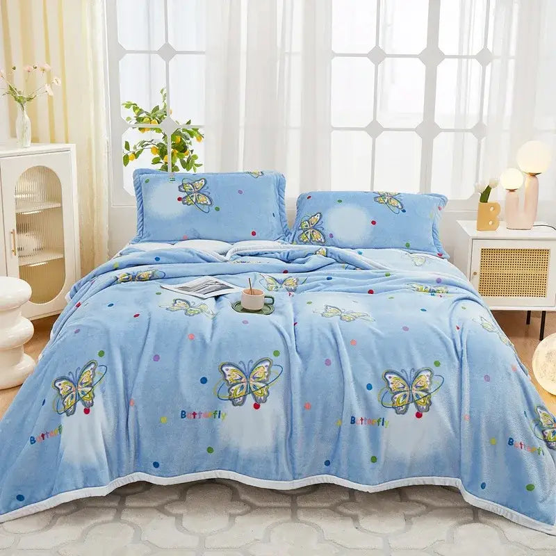 Light blue plush flannel plush blanket with embroidered butterflies and polka dots for cozy decorbites cozy flannel use