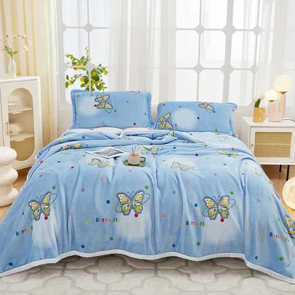 Light blue plush flannel plush blanket with embroidered butterflies and polka dots for cozy decorbites cozy flannel use