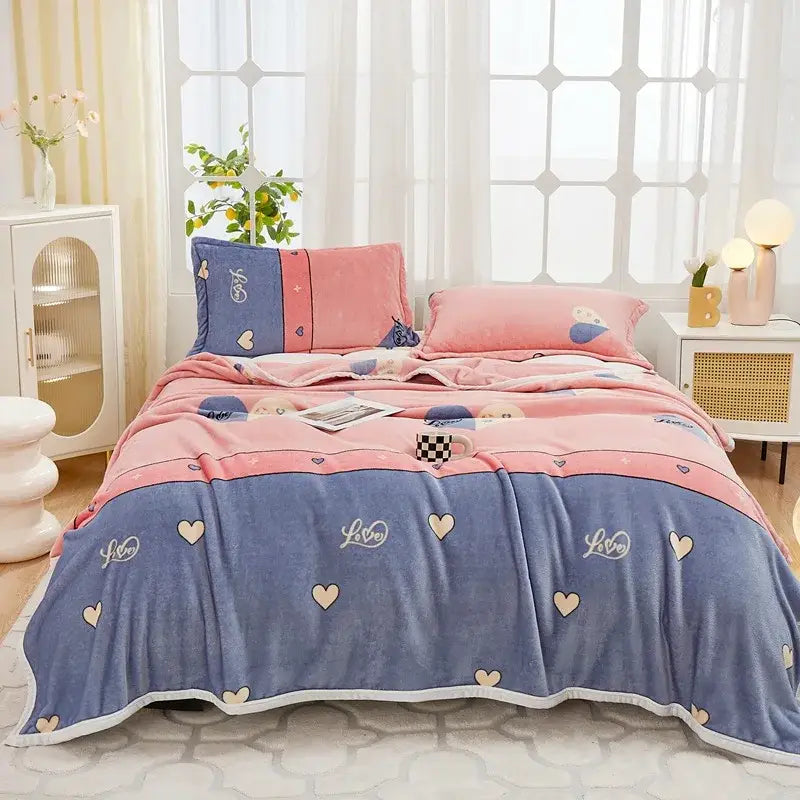 Floral white and navy cozy flannel plush blanket bedroom throw with pink and blue plush quilt set embroidered with hearts and love
