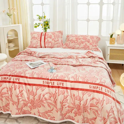 Pink floral-patterned duvet set with bold red simple life banner and cozy flannel plush blanket for decorbites cozy flannel decor