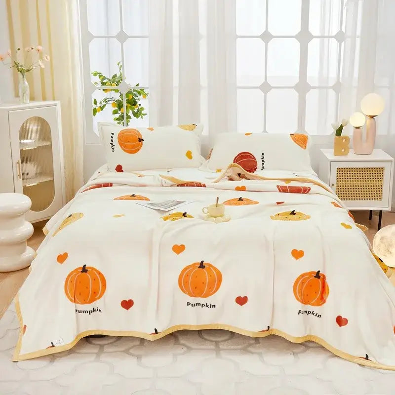 Floral white and navy cozy flannel plush blanket featuring white pumpkin decorbites cozy flannel print for bedroom throw