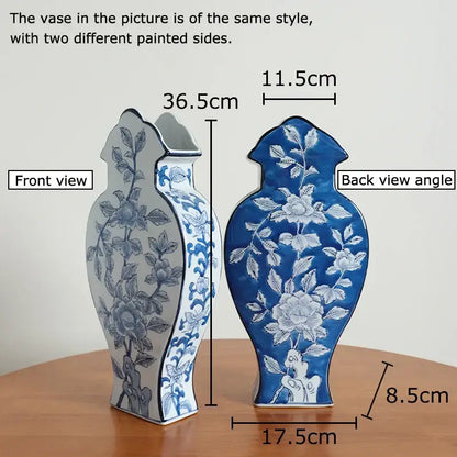 Floral yellow and white porcelain vase with blue and white floral pattern and elegant curved silhouette for living room decor