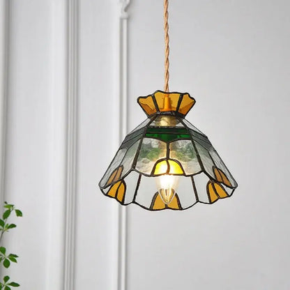 Floral yellow and green glass brass pendant lamp with delicate stained glass and twisted copper cord for kitchen decorbites glass brass pendant