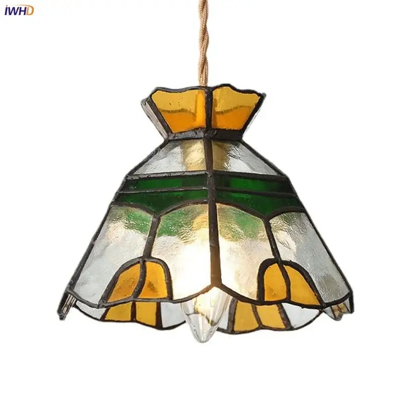 Floral yellow and green stained glass brass pendant lamp with bell-shaped shade for kitchen decorbites glass brass