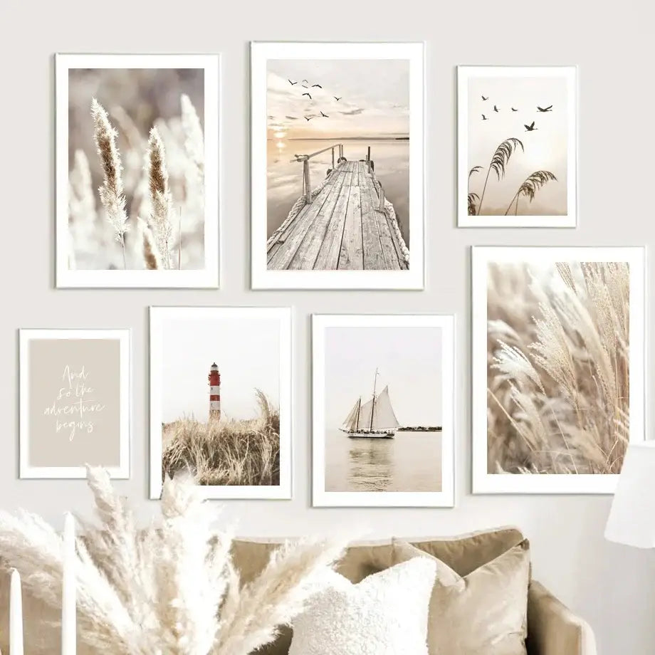 Set of six framed wall art prints featuring serene beige flower grass coastal and nature scenes by DecorBites™