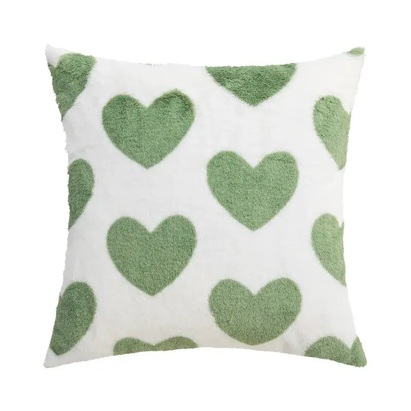 White throw pillow cover with soft fuzzy sage green heart patterns for decorbites fluffy comfort pillow use